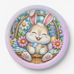 Frohe Ostern mit süßem Hasen, Eiern und Blumen Pappteller