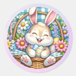Frohe Ostern mit süßem Hasen, Eiern und Blumen Runder Aufkleber