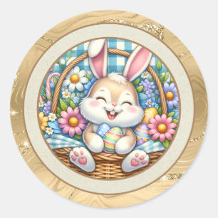 Frohe Ostern mit süßem Hasen, Eiern und Blumen Runder Aufkleber