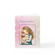 Frohe Ostern mit süßem Mädchen und Hase Karte