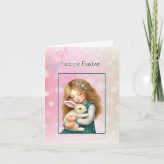 Frohe Ostern mit süßem Mädchen und Hase Karte (Vorderseite)