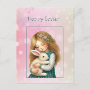Frohe Ostern mit süßem Mädchen und Hase Karte