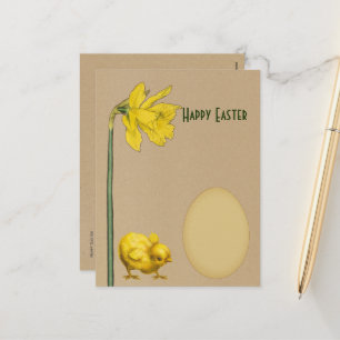 Frohe Ostern, Narzisse, Osterglocke, Ei und Küken Feiertagspostkarte