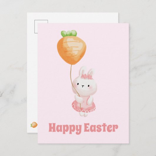 Frohe Ostern! Niedlich Bunny mit Carrot Balloon Postkarte (Vorne/Hinten)