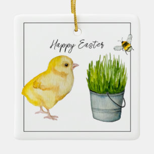 Frohe Ostern, niedliches Küken und Hummeln Keramikornament