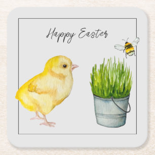 Frohe Ostern, niedliches Küken und Hummeln Rechteckiger Pappuntersetzer