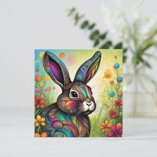 Frohe Ostern - Osterhase in Blumen Einladung (Stehend Vorderseite)