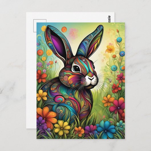 Frohe Ostern - Osterhase in Blumen Postkarte (Vorne/Hinten)