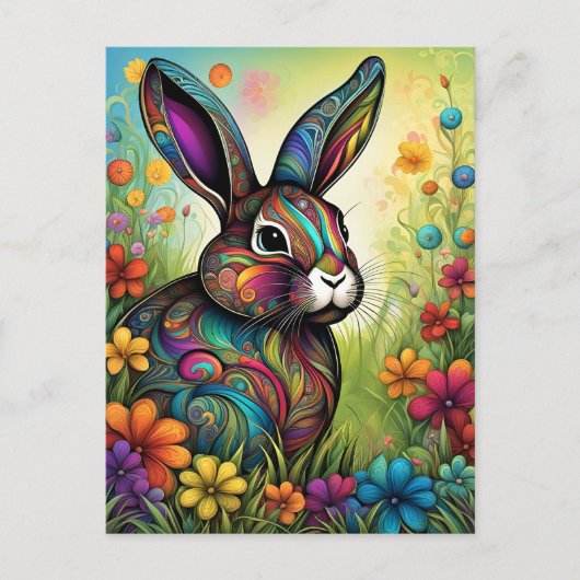 Frohe Ostern - Osterhase in Blumen Postkarte (Vorderseite)