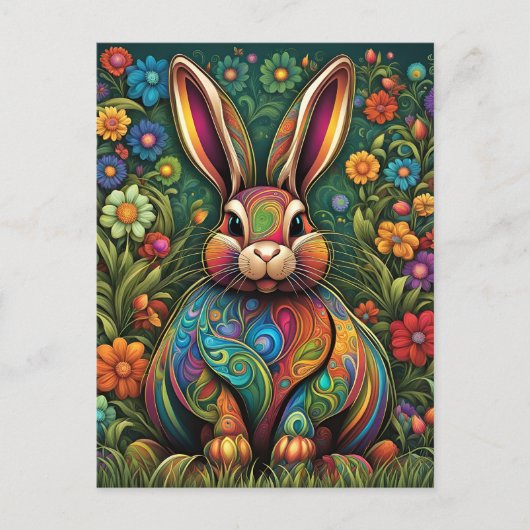 Frohe Ostern - Osterhase in Blumen Postkarte (Vorderseite)