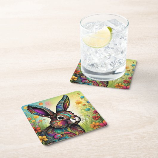 Frohe Ostern - Osterhase in Blumen Rechteckiger Pappuntersetzer (Vor Ort)