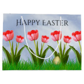 Frohe Ostern: Pink Tulips Floral Fotoei Große Geschenktüte (Rückseite)