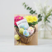 Frohe Ostern Postkarte mit Primel und Osterei (Stehend Vorderseite)