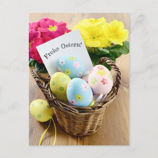 Frohe Ostern Postkarte mit Primel und Osterei (Vorderseite)
