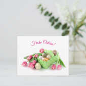 Frohe Ostern Postkarte mit Tulpen Ostereiern (Stehend Vorderseite)