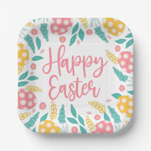 Frohe Ostern   Rosa Aqua-Ostereier im Laub Pappteller