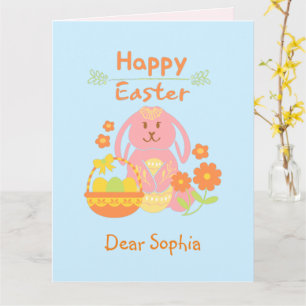 Frohe Ostern Rosa Hase und Blumen Karte