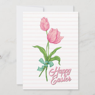 Frohe Ostern Rosa Tulpen-Blumen-Schleife Streifen Feiertagskarte