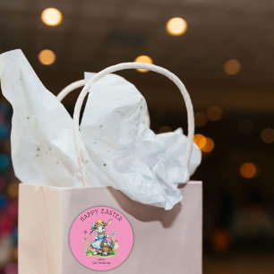 Frohe Ostern Rosa Vintage-Wasserfarben-Hase-Eier Runder Aufkleber