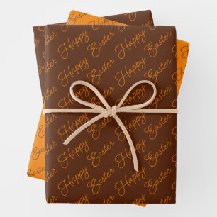 Frohe Ostern Schrift Orange und Braun Geschenkpapier Set