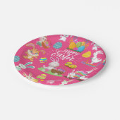 Frohe Ostern, sonnige Wünsche und farbenfrohe Eier Pappteller (Schrägansicht)