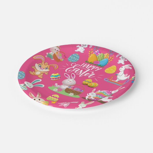 Frohe Ostern, sonnige Wünsche und farbenfrohe Eier Pappteller (Schrägansicht)