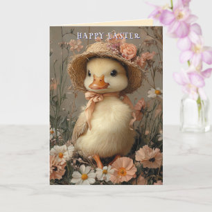 Frohe Ostern Süße Ente Strohhut rosa Blumen Karte