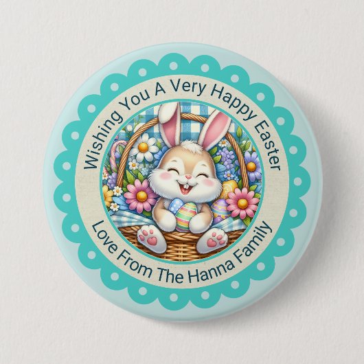 Frohe Ostern, Süße Hase & Blumenkorb Geschenke Button (Vorderseite)