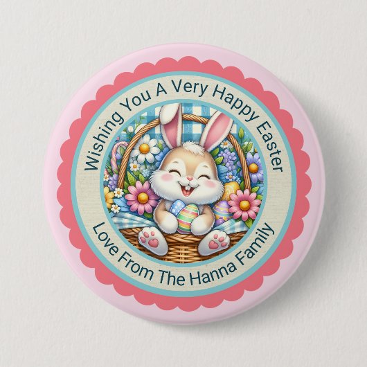 Frohe Ostern, Süße Hase & Blumenkorb Geschenke Button (Vorderseite)