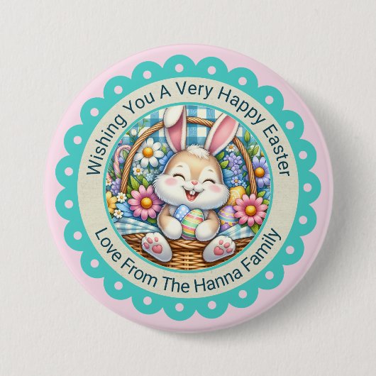Frohe Ostern, Süße Hase & Blumenkorb Geschenke Button (Vorderseite)