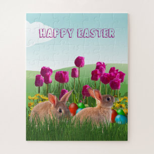 Frohe Ostern Süßer Hase Tulpen und farbige Eier Puzzle