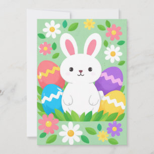 Frohe Ostern Süßer Weißer Hase Bunte Eier Grün Feiertagskarte