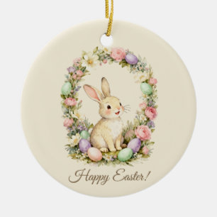 Frohe Ostern Vintage-Hase-Blumenkranz Keramik Ornament