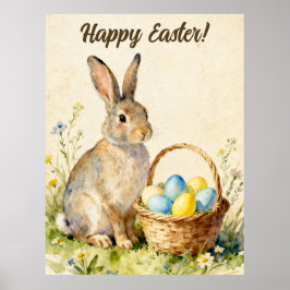 Frohe Ostern Vintage-Hase mit Ostereierkorb Poster