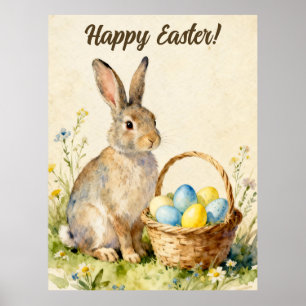 Frohe Ostern Vintage-Hase mit Ostereierkorb Poster