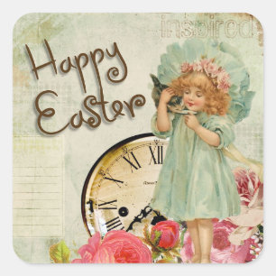 Frohe Ostern Vintage Mädchen & Taschenuhr Aufklebe Quadratischer Aufkleber