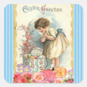 Frohe Ostern Vintage Mädchen und Eierkorb Aufklebe Quadratischer Aufkleber