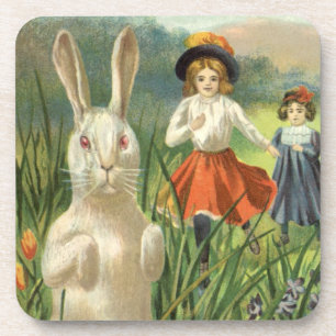 Frohe Ostern Vintage-Osterhase und Kinder Getränkeuntersetzer