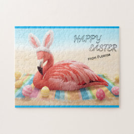 Frohe Ostern von Florida Flamingo Bunny am Strand Puzzle