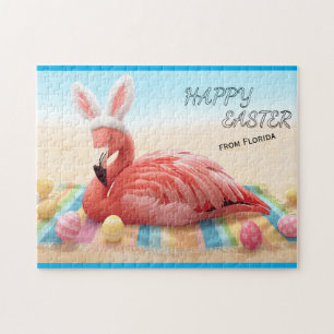 Frohe Ostern von Florida Flamingo Bunny am Strand Puzzle