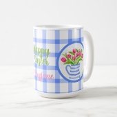Frohe Ostern Wasserfarbe Tulpen Blau Kariert Kaffeetasse (VorderseiteRechts)