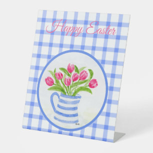 Frohe Ostern Wasserfarbe Tulpen Blau Kariert Sockelschild
