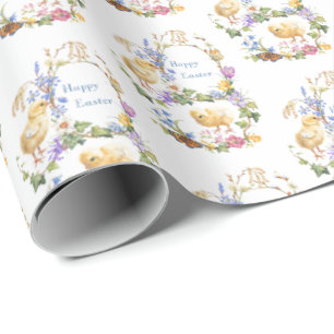 Frohe Ostern Wasserfarben Küken Floralkranz Geschenkpapier