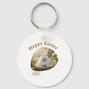 Frohe Ostern weißes Kaninchen Jahr Foto Familienna Schlüsselanhänger