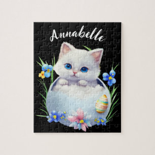 Frohe Ostern Weißes Kätzchen mit Blumen  Puzzle