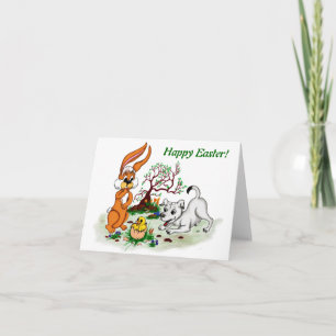 Frohe Ostern! Welpe, Küken, Hase Feiertagskarte