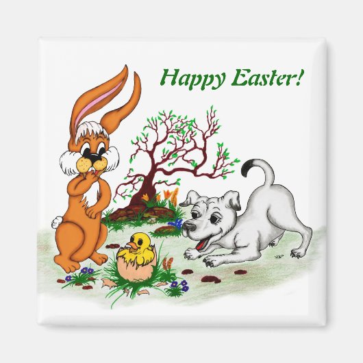Frohe Ostern! Welpe, Küken, Hase Magnet (Vorne)
