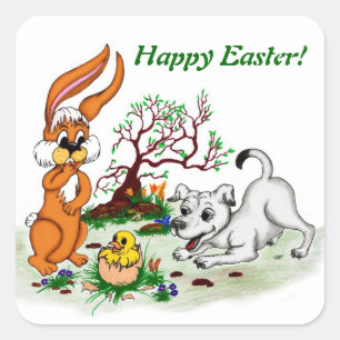 Frohe Ostern! Welpe, Küken, Hase Quadratischer Aufkleber