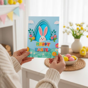 Frohe Ostern Whimsical Osterhase und Floral Feiertagspostkarte
