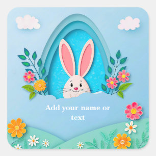 Frohe Ostern   Whimsical Osterhase und Floral Quadratischer Aufkleber